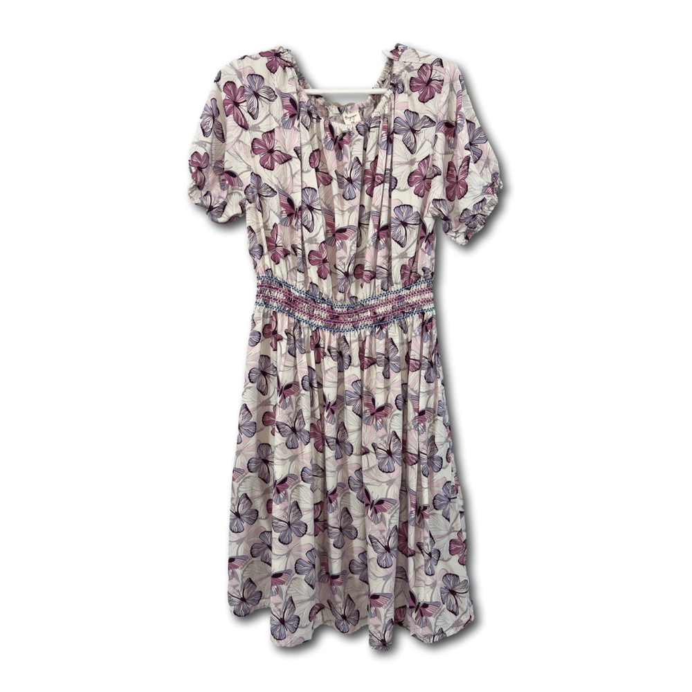 Tiny Sugar Girl's Midi Dress Smocked Waistline Butterfly Pink Purple Size 10